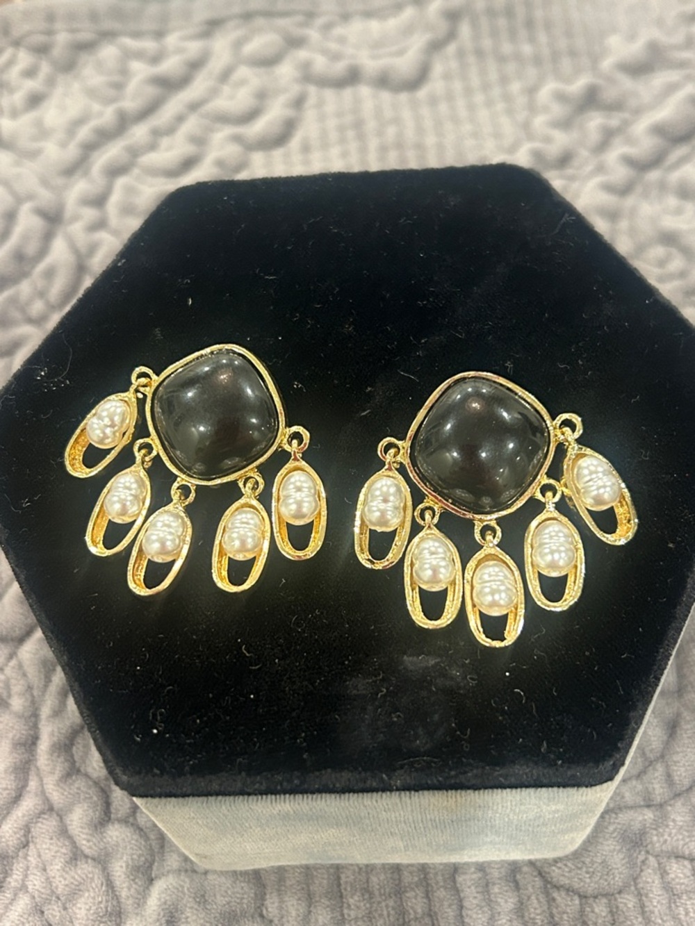 ZokyDoky Black Stone Earrings with Gold Encased Pearl Drops-NWT
